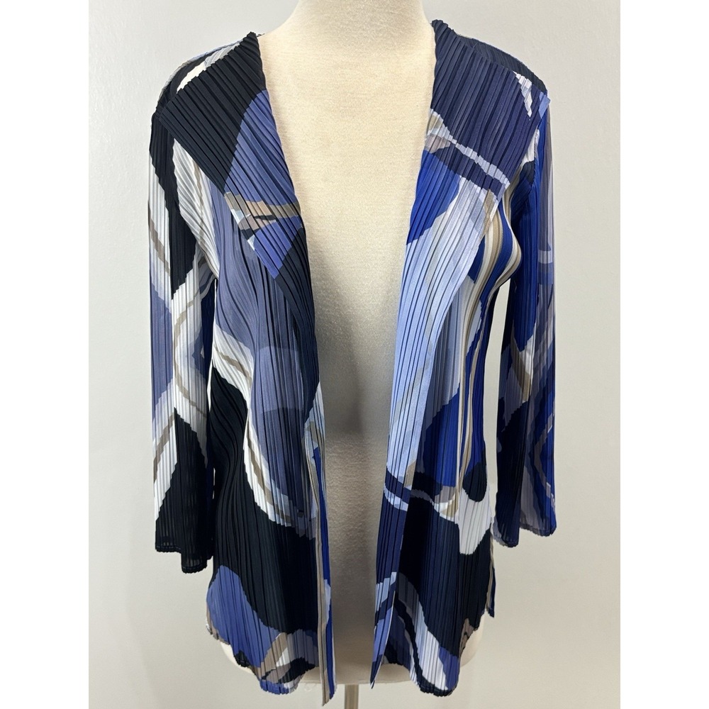 Ming Wang Pleated Crinkle Cardigan Jacket Sz Medium Petite Blue Abstract Open